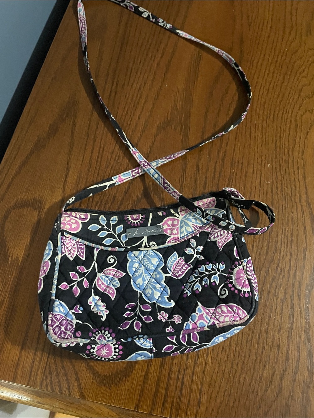 Vera Bradley Black Quilted Floral Crossbody Bag - Pink & Blue